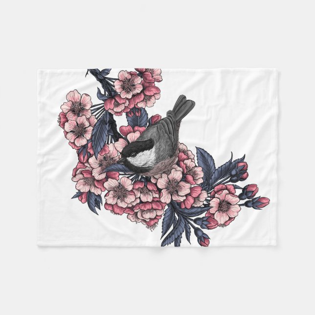 Chickadee på en blommande körsbär gren fleecefilt (Framsidan (Horisontell))