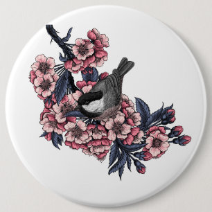 Chickadee på en blommande körsbär gren knapp