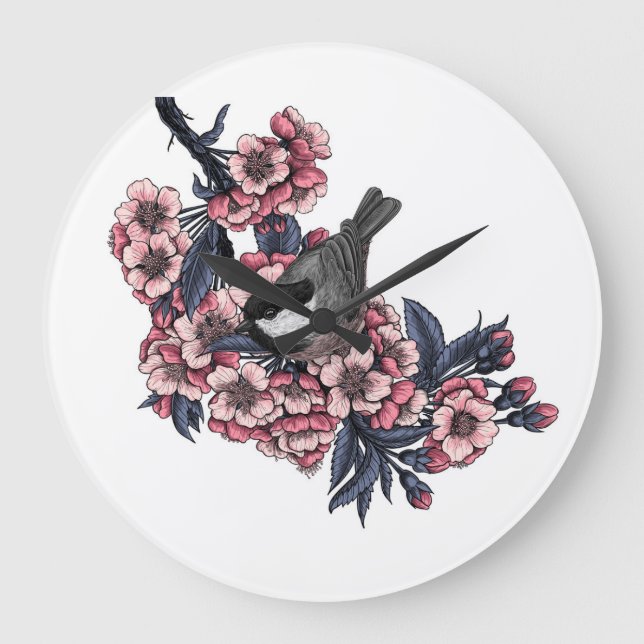 Chickadee på en blommande körsbär gren stor klocka (Framsida)