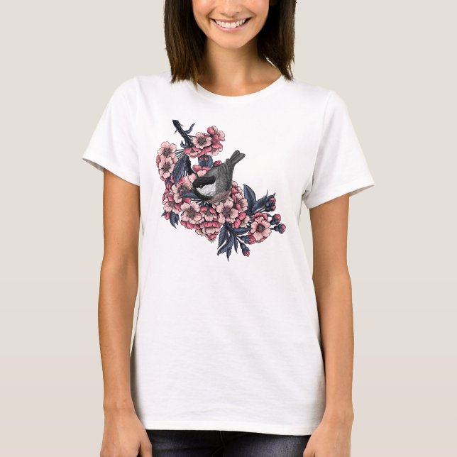 Chickadee på en blommande körsbär gren t shirt (Framsida)