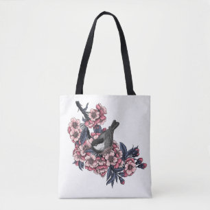 Chickadee på en blommande körsbär gren tygkasse