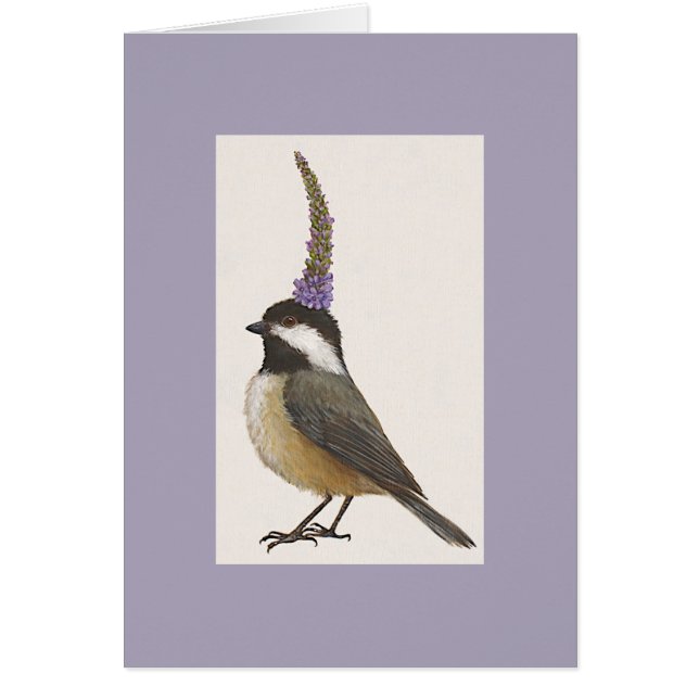chickadee på lavendel hälsningskort (Framsidan)