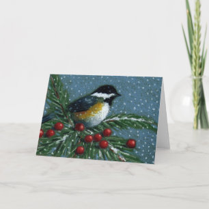 CHICKADEE PÅ SNOWY GRÄS GREN HELGKORT