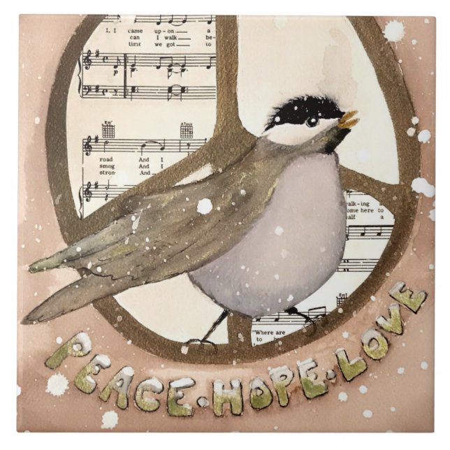 Chickadee Peace, Kärlek, Hope Ceramic Kitchen Tile Kakelplatta (Framsidan)