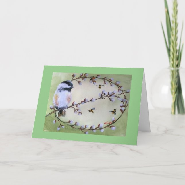 Chickadee, Pussy Willow Foled Announcement Card Meddelande (Framsida)