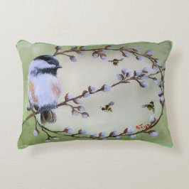 Chickadee Pussy Willows Bees Dekorativ kudde