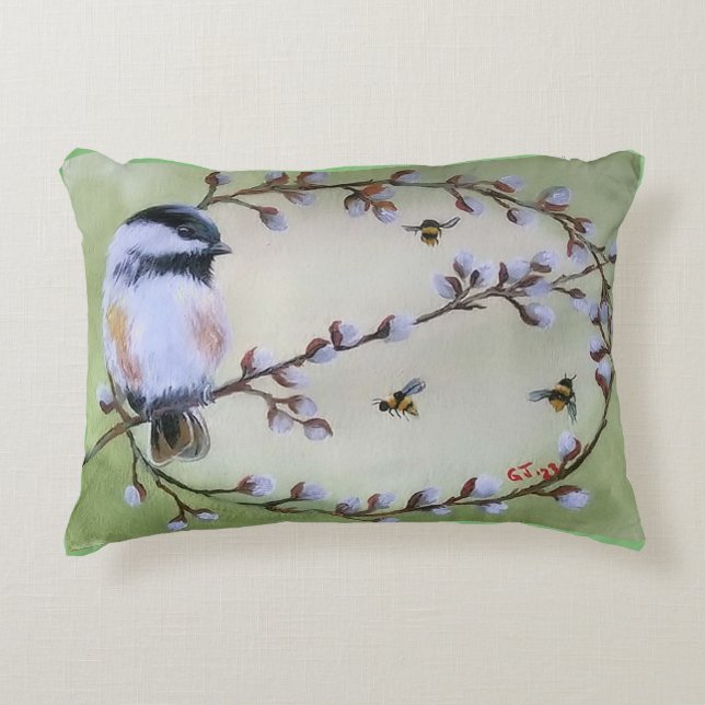 Chickadee Pussy Willows Bees Dekorativ kudde (Framsidan)