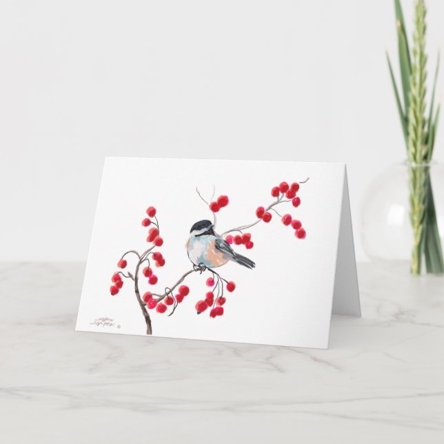 CHICKADEE & RED BERRIES by SHARON SHARPE Helgkort (Framsida)