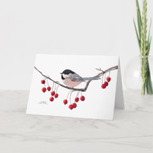 CHICKADEE & RED BERRIES by SHARON SHARPE Helgkort