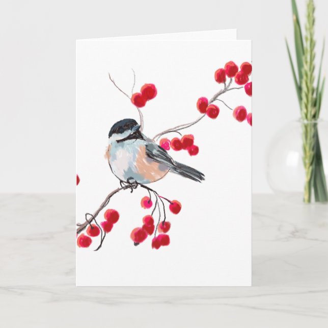 CHICKADEE & RED BERRIES by SHARON SHARPE Helgkort (Framsida)
