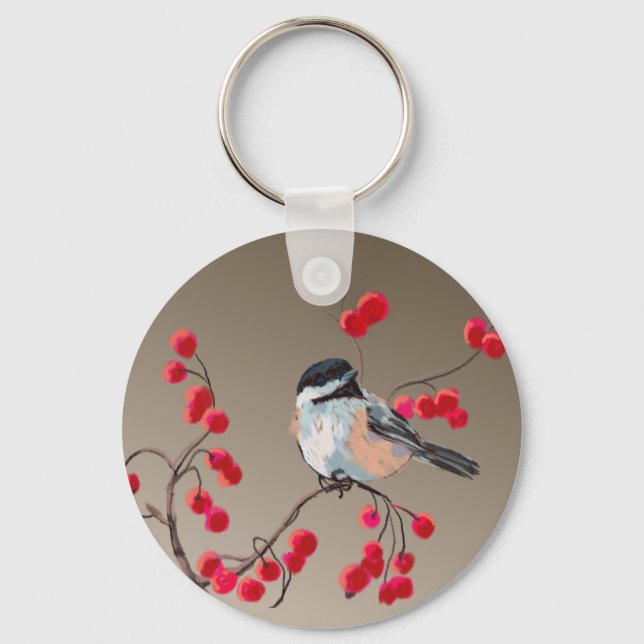 CHICKADEE & RED BERRIES by SHARON SHARPE Nyckelring (Framsida)