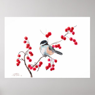 CHICKADEE & RED BERRIES by SHARON SHARPE Poster