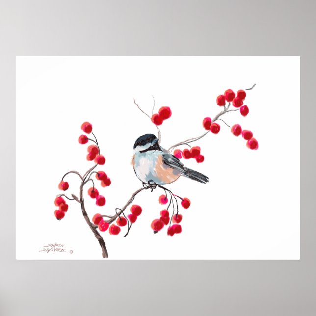 CHICKADEE & RED BERRIES by SHARON SHARPE Poster (Framsidan)