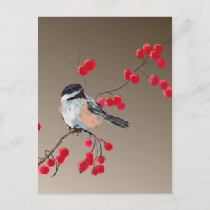 CHICKADEE & RED BERRIES by SHARON SHARPE Vykort