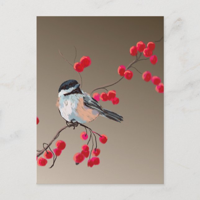 CHICKADEE & RED BERRIES by SHARON SHARPE Vykort (Framsida)