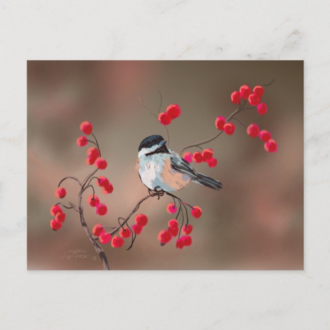 CHICKADEE & RED BERRIES by SHARON SHARPE Vykort (Framsida)
