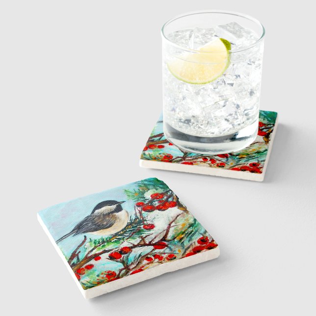 Chickadee-Sweet Winter Black-Caps Chickadee Bird Stenunderlägg (Chickadee-Sweet Winter Black-Capped Chickadee Bird Stone Coaster
 from Jenn's Emporium. )
