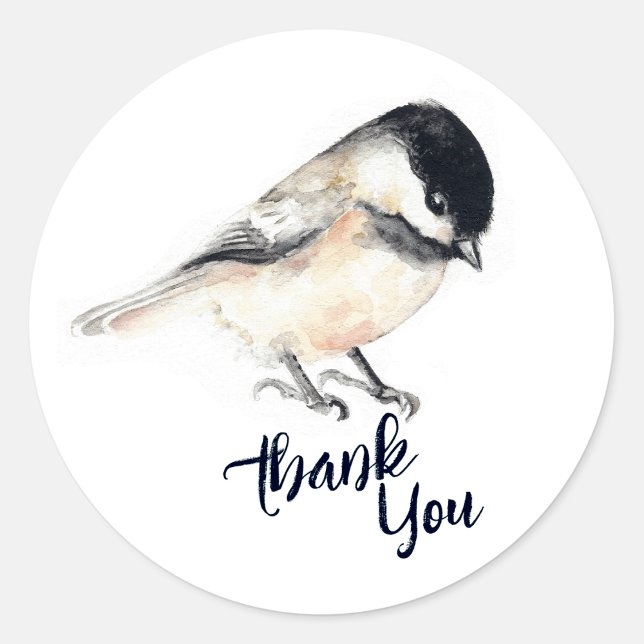 Chickadee Tack Runt Klistermärke (Chickadee Watercolor Art round sticker from Jenn's Emporium. )