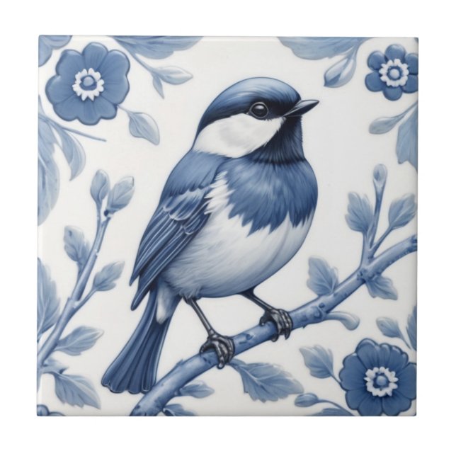 Chickadee Underbar Tit Bird Delft Blue and White Kakelplatta (Framsidan)