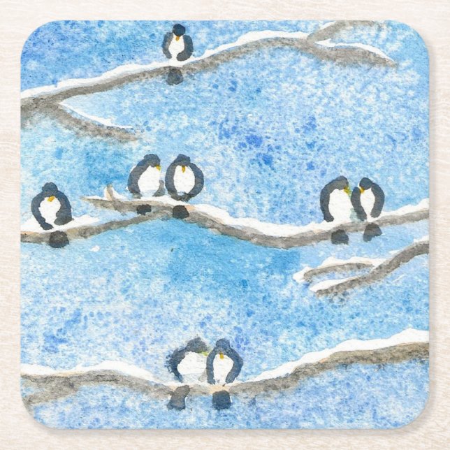 Chickadee vid Träd Gren i Snö Pappra Underlägg Papper Kvadrat (Framsidan)