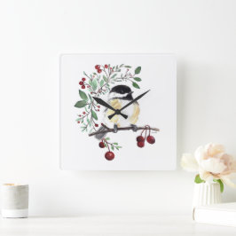 Chickadee Watercolor Bird Art Square Wall Clock Fyrkantig Klocka