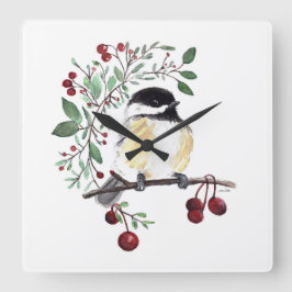 Chickadee Watercolor Bird Art Square Wall Clock Fyrkantig Klocka