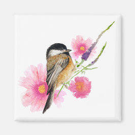 Chickadee Watercolor Bird Flowers Magnet