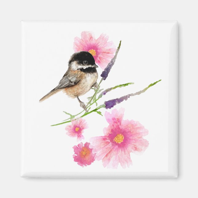 Chickadee Watercolor Bird Rosa Flowers Magnet (Framsidan)