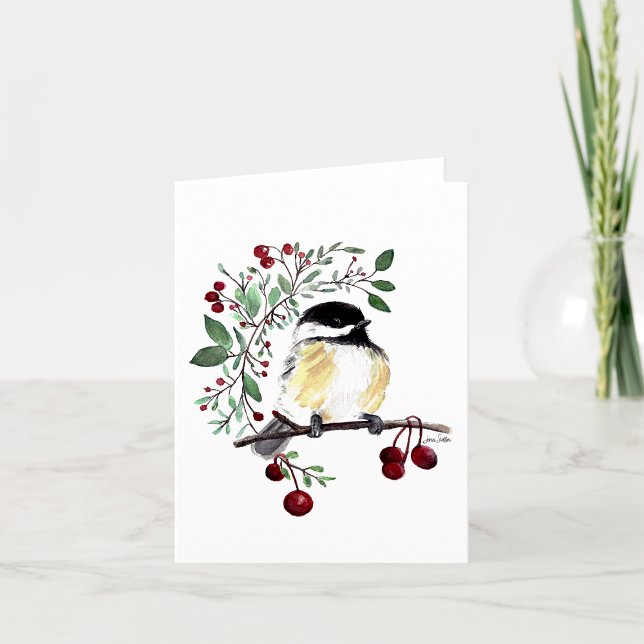 Chickadee Watercolor Charming Note Card Anteckningskort (Cute watercolor chickadee on branch with berries note card from Jenn Steffen Art)