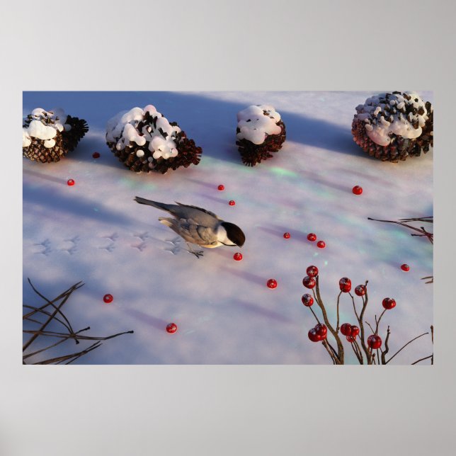 Chickadee Winter Skriv ut Poster (Framsidan)