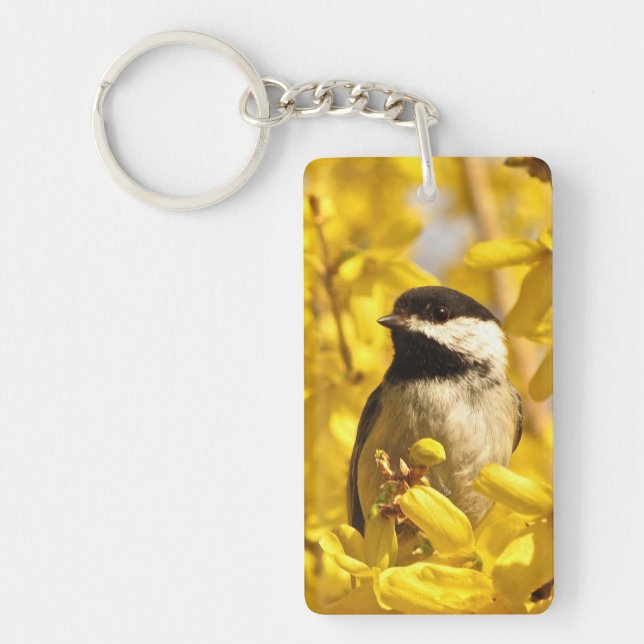 Chickadeefågel i gula blommorakrylen Keychain (Framsidan)