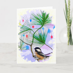 Chickadeefågel i julgrankort helgkort