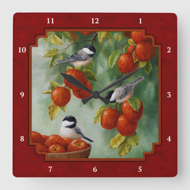 Chickadees Apple Harvest Red Fyrkantig Klocka (Framsida)
