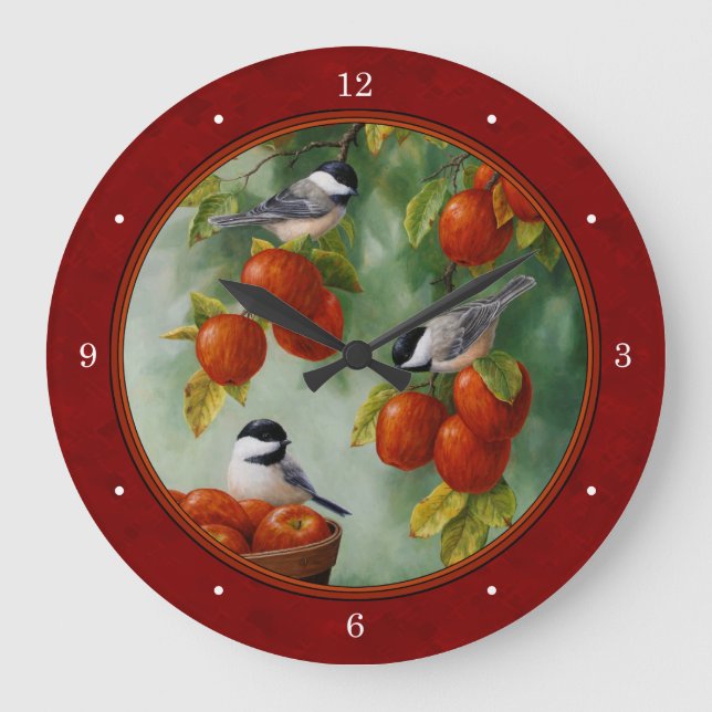 Chickadees Apple Harvest Red Stor Klocka (Framsida)