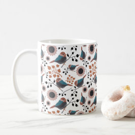 Chickadees Berries Flowers Rosa Blue Rust Kaffemugg