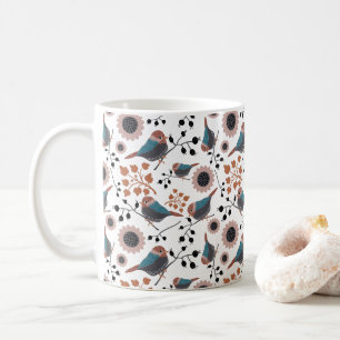 Chickadees Berries Flowers Rosa Blue Rust Kaffemugg