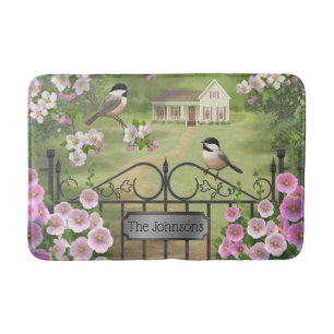 Chickadees Flowers Victorian Farmhouse Badrumsmatta