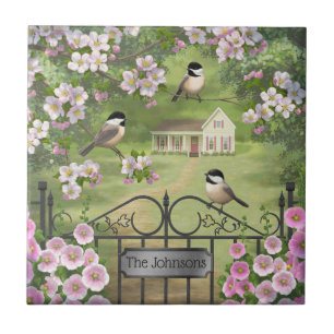 Chickadees Flowers Victorian Farmhouse Kakelplatta