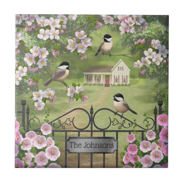 Chickadees Flowers Victorian Farmhouse Kakelplatta (Framsidan)
