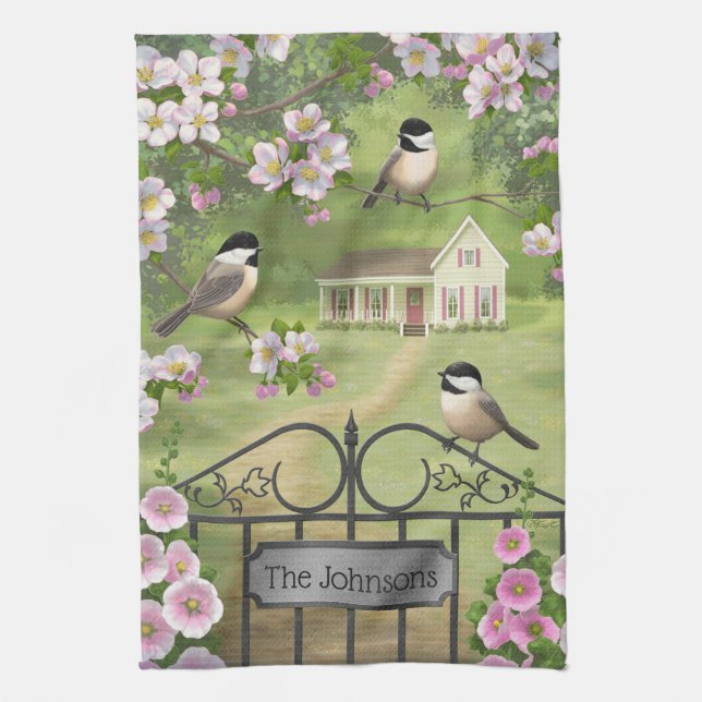 Chickadees Flowers Victorian Farmhouse Kökshandduk (Vertikal)