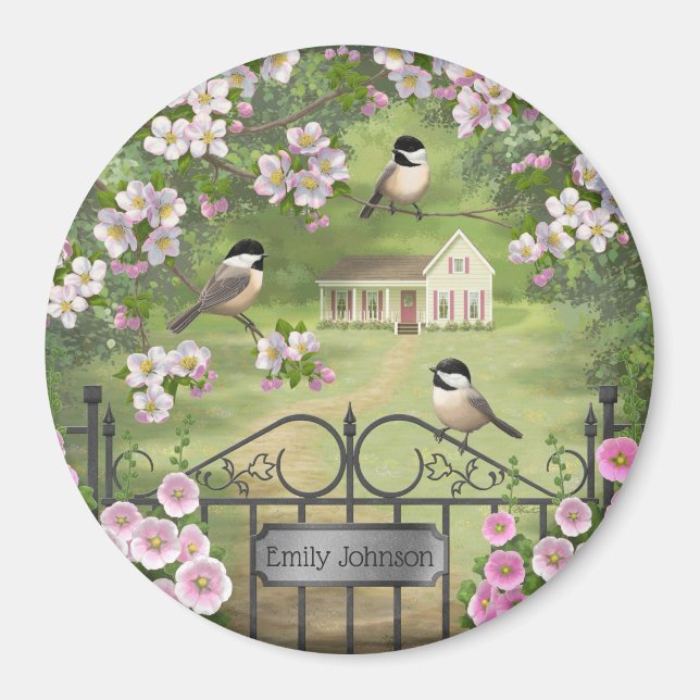 Chickadees Flowers Victorian Farmhouse Magnet (Framsidan)