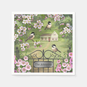 Chickadees Flowers Victorian Farmhouse Pappersservett