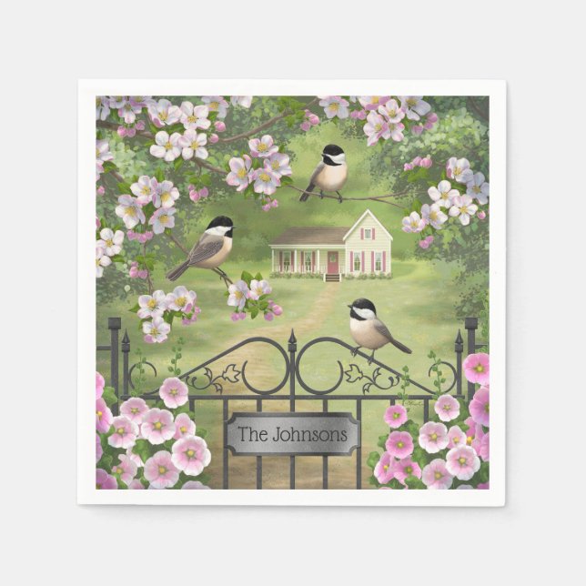 Chickadees Flowers Victorian Farmhouse Pappersservett (Framsidan)