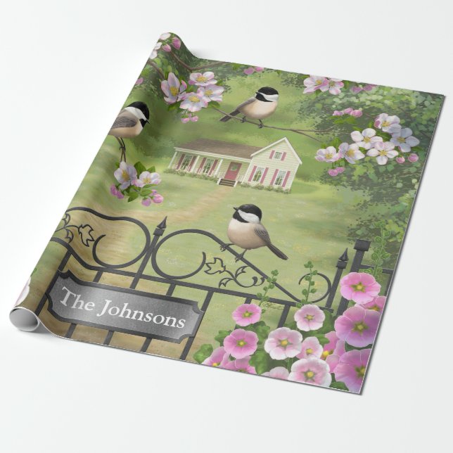 Chickadees Flowers Victorian Farmhouse Presentpapper (Utrullad)