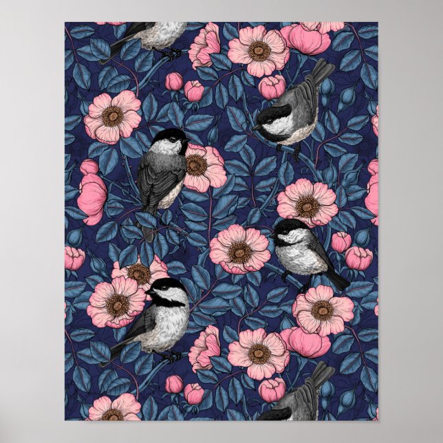Chickadees i vilden ro i rosa och blått poster (Framsidan)