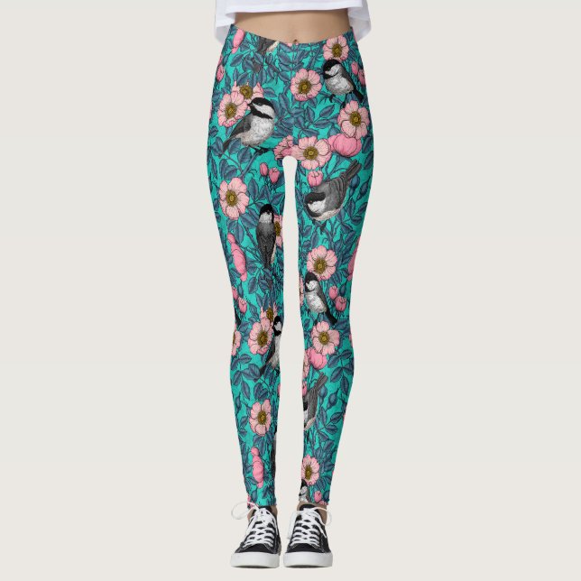 Chickadees i vilden ro, rosa och blått leggings (Framsida)