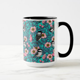 Chickadees i vilden ro, rosa och blått mugg