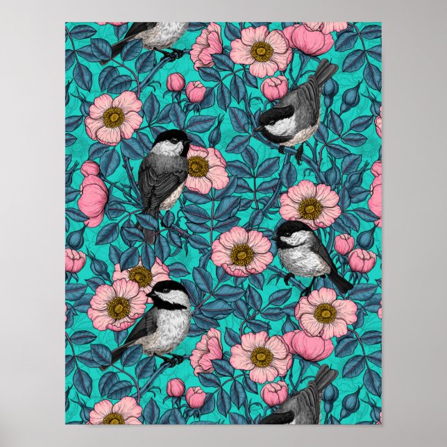 Chickadees i vilden ro, rosa och blått poster (Framsidan)