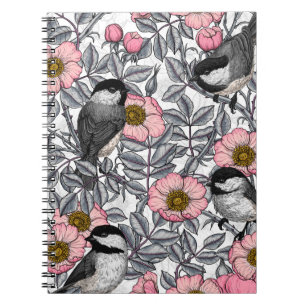 Chickadees i vilden ro, rosa och grått anteckningsbok