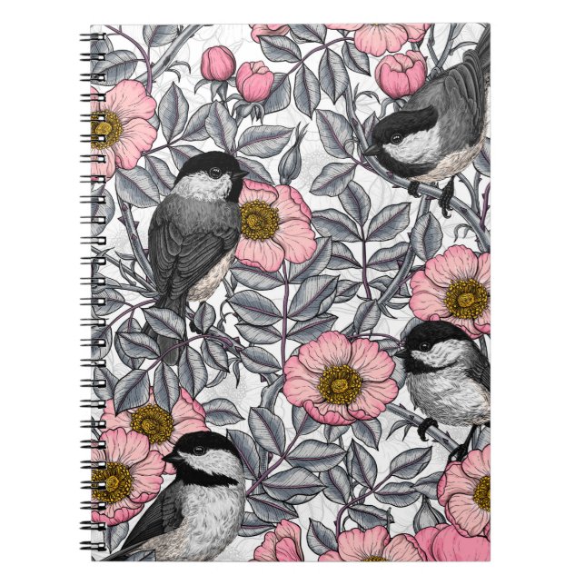 Chickadees i vilden ro, rosa och grått anteckningsbok (Framsidan)